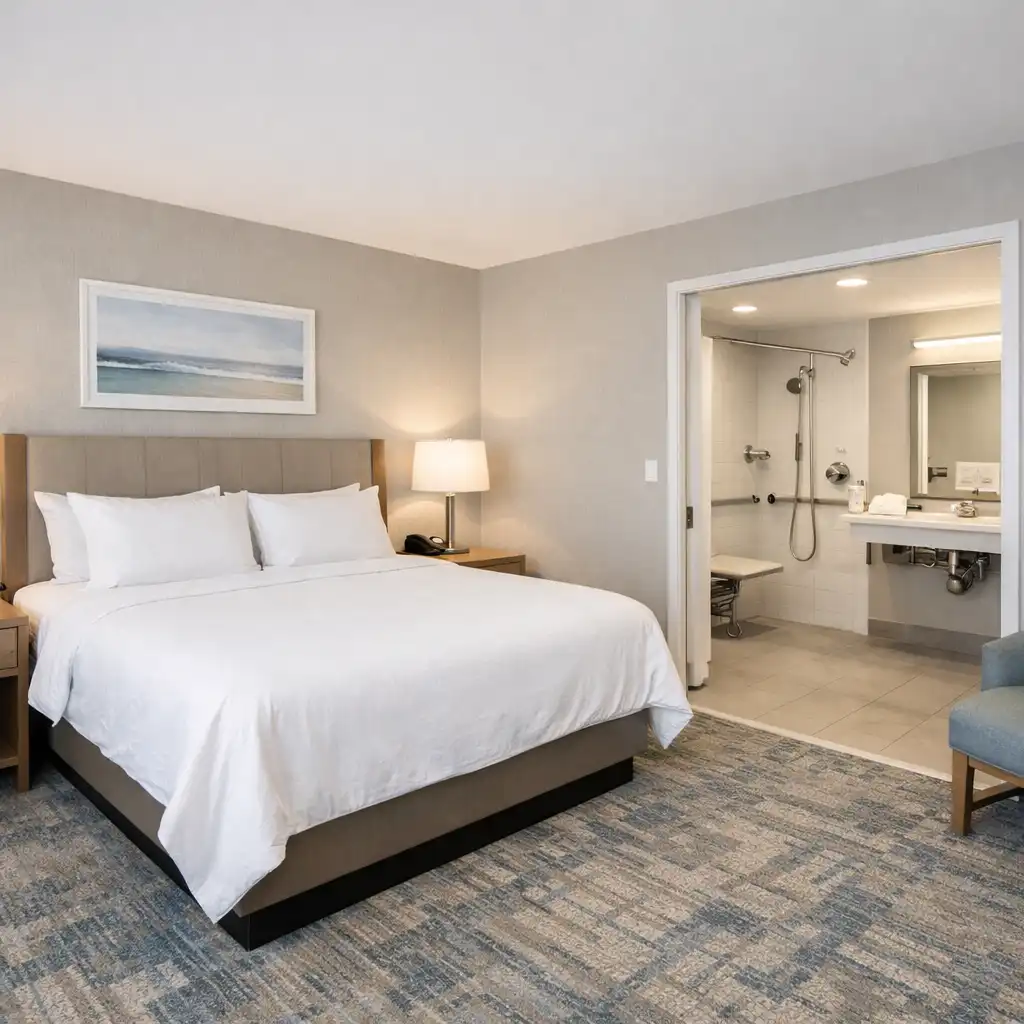 Accessible Room with a king-sized bed, wide open spaces, and an accessible bathroom with roll-in shower