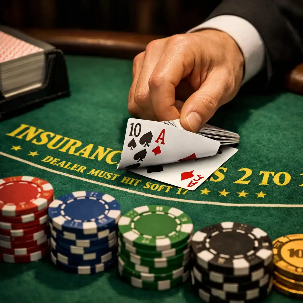 Close-up of a blackjack table with a dealer's hand dealing cards