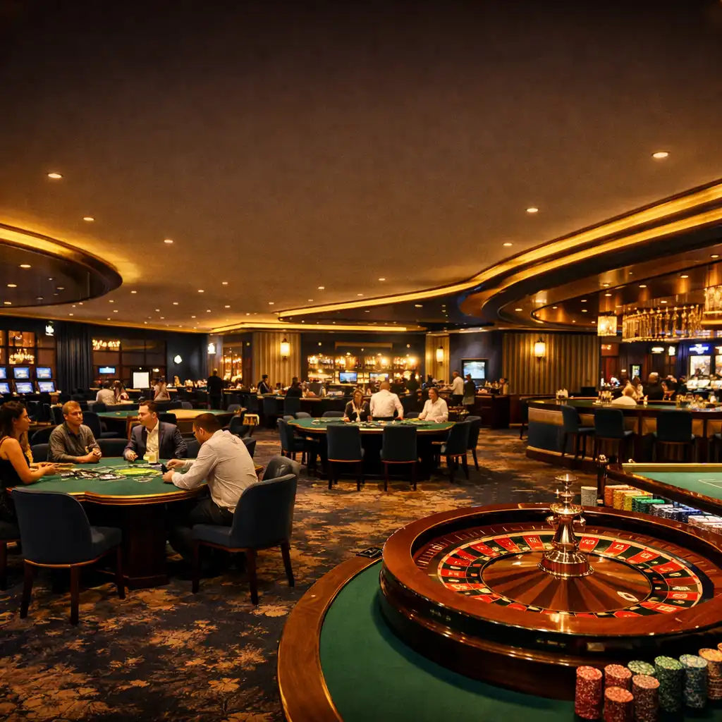 Luxurious casino floor at Lucky Win Hotel with poker tables and a roulette wheel