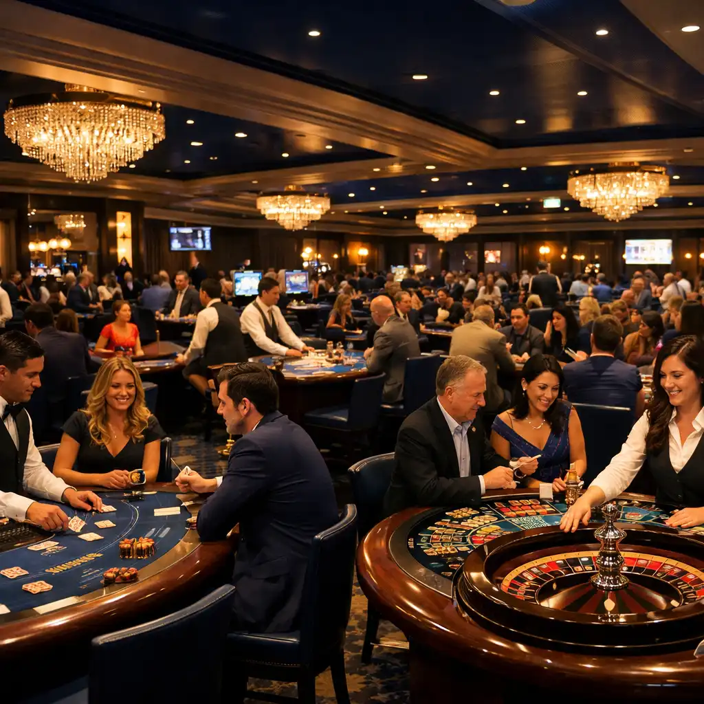 Wide view of the bustling casino floor with blackjack and roulette tables