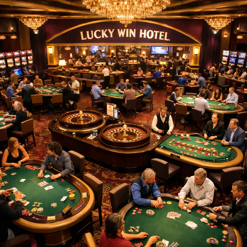 Lively casino floor with poker tables, roulette wheels, and blackjack tables