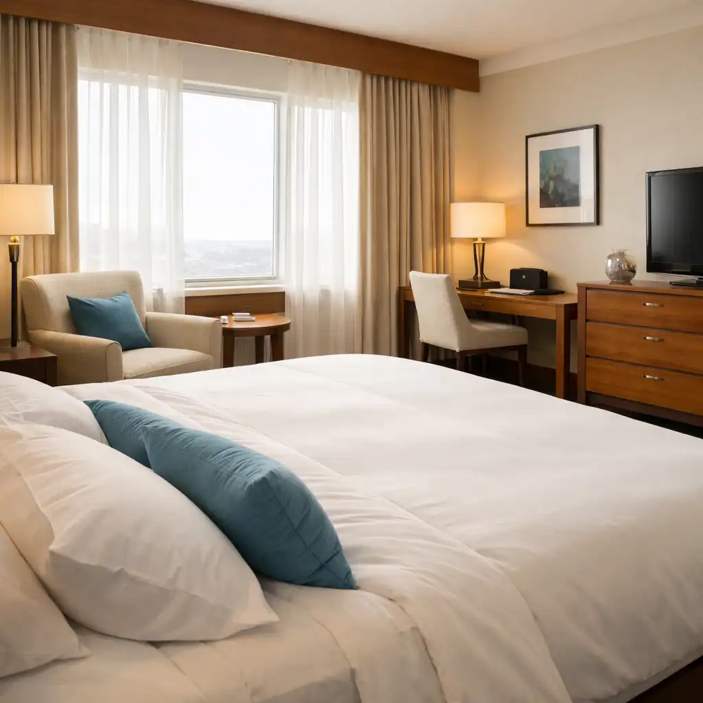 Deluxe King Room with a king-sized bed, warm natural light, and modern coastal furnishings