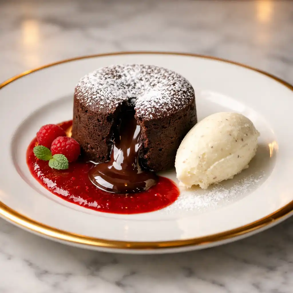 Chocolate fondant with molten centre, vanilla ice cream and raspberry coulis