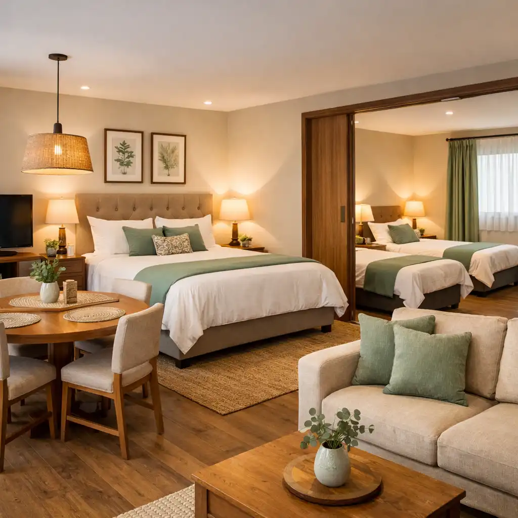 Family Suite with a king-sized bed, two single beds, dining table, and inviting living space
