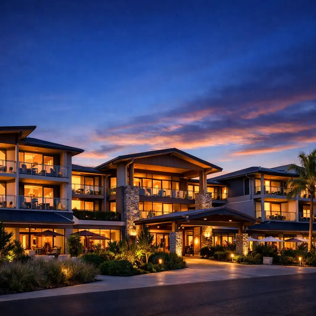 Exterior of Lucky Win Hotel at dusk with warm lights