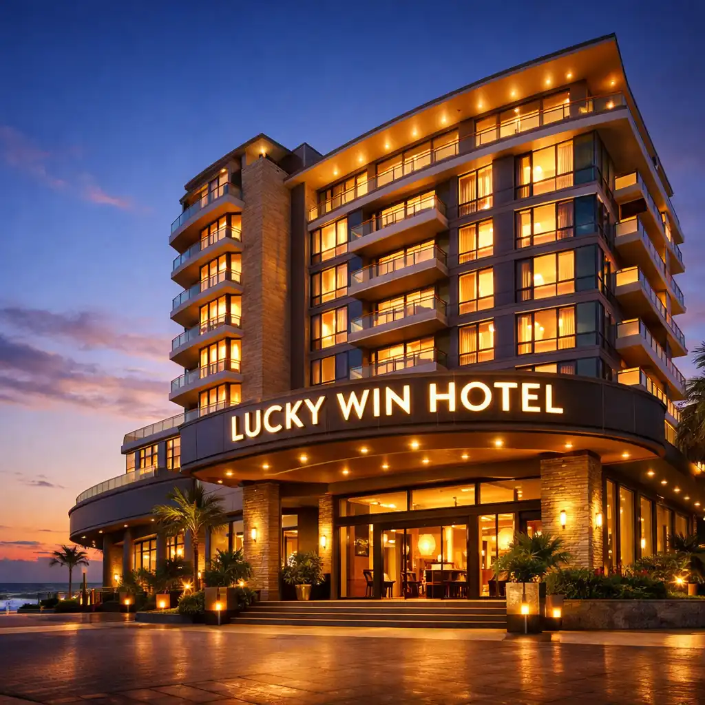 The exterior of Lucky Win Hotel at dusk with warm lights and modern architecture