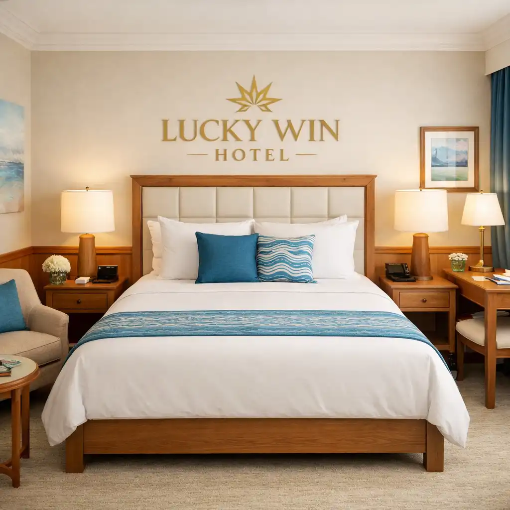 A bright hotel room with a queen-sized bed, seating area, and desk