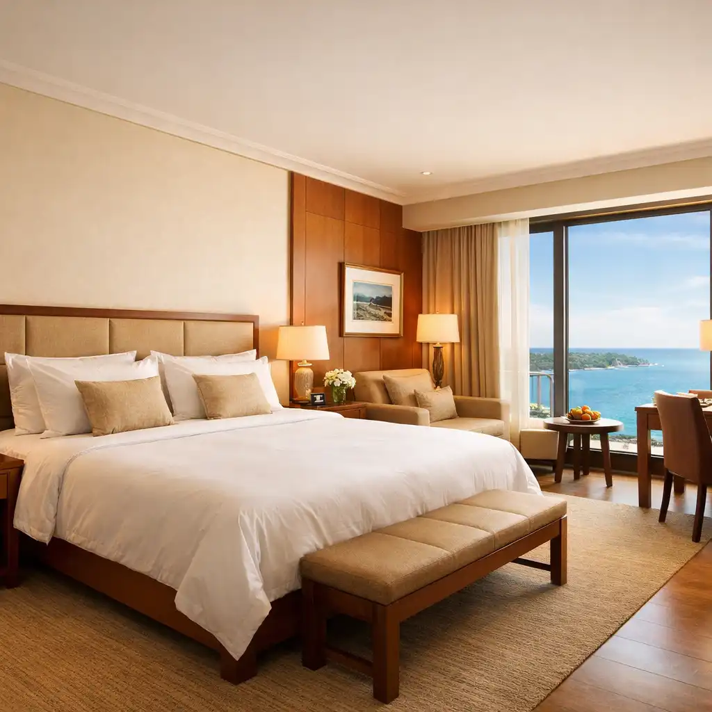 A luxurious hotel room with a king-sized bed, warm wooden accents, and an ocean view
