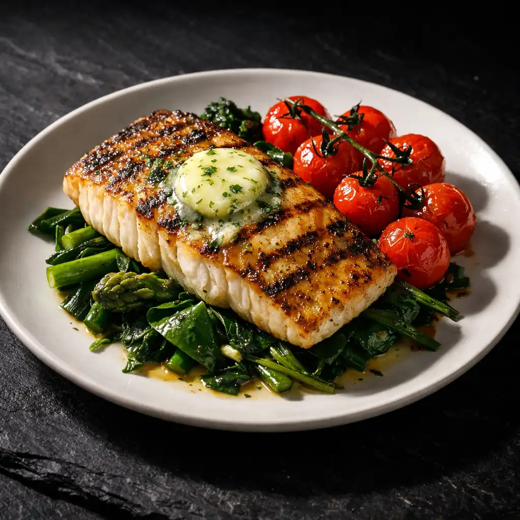 Grilled barramundi with lemon myrtle butter and seasonal greens