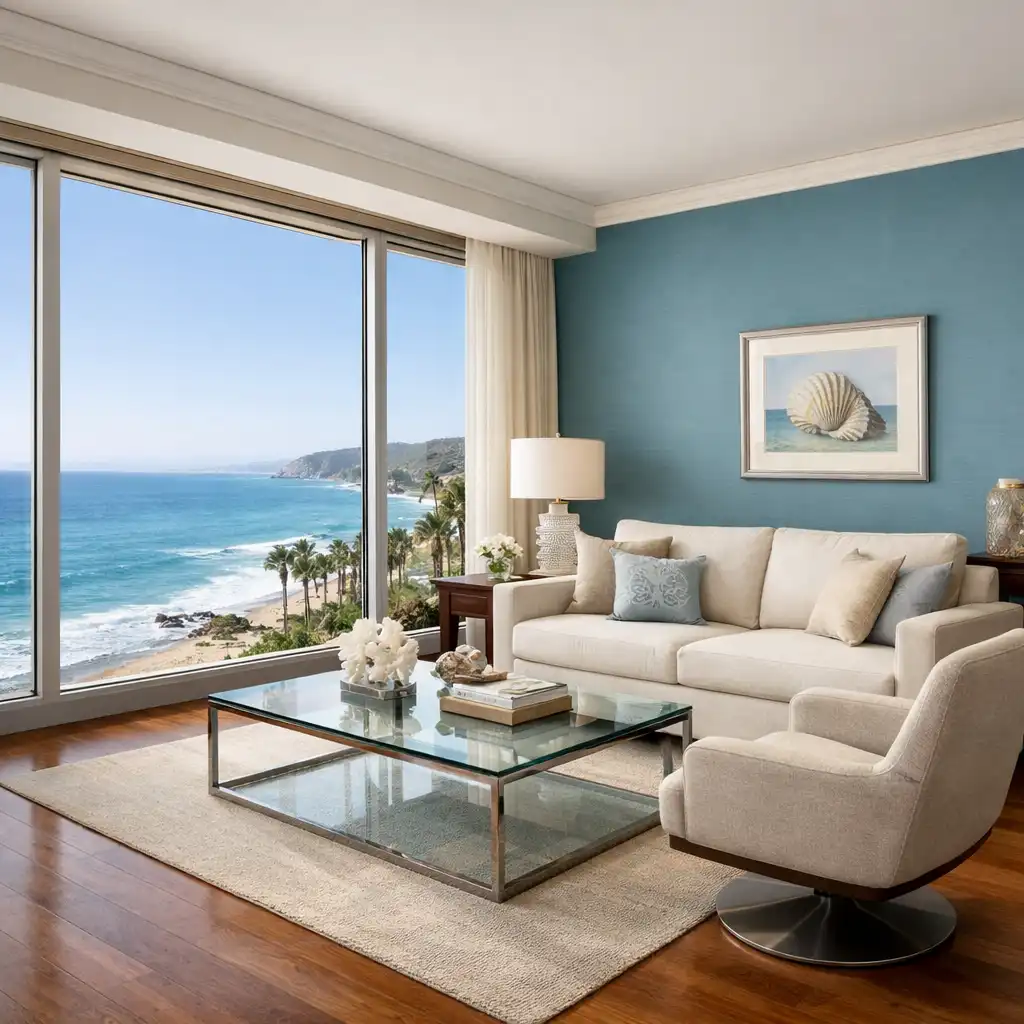 Ocean View Suite living area with floor-to-ceiling windows and panoramic Pacific Ocean views