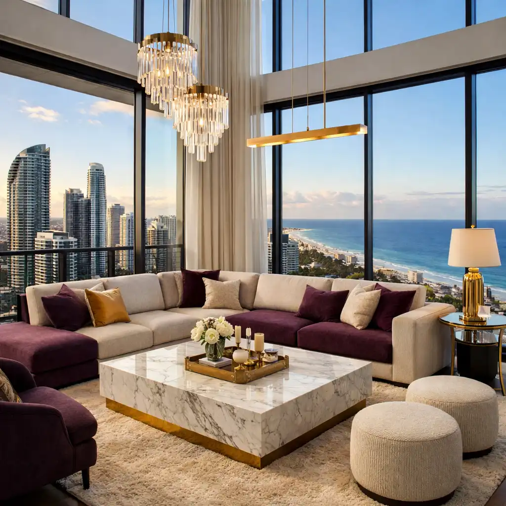Penthouse Suite living room with high ceilings, floor-to-ceiling windows, and Broadbeach skyline views