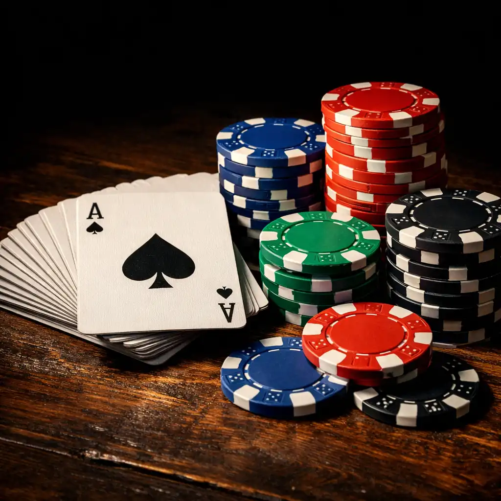 Close-up of poker cards and a stack of coloured chips on a dark wooden table