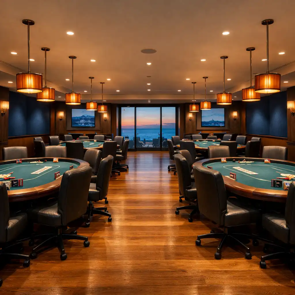 Wide view of the elegant poker room interior with timber flooring, deep blue tables and warm pendant lighting