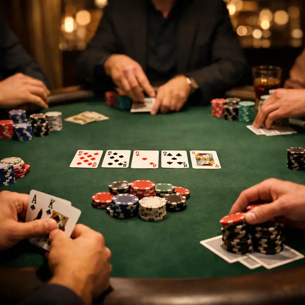 Poker table in action with cards and chips