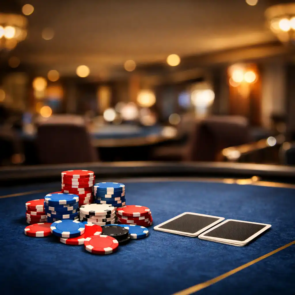 Professional poker table with colourful chips and playing cards under warm casino lighting