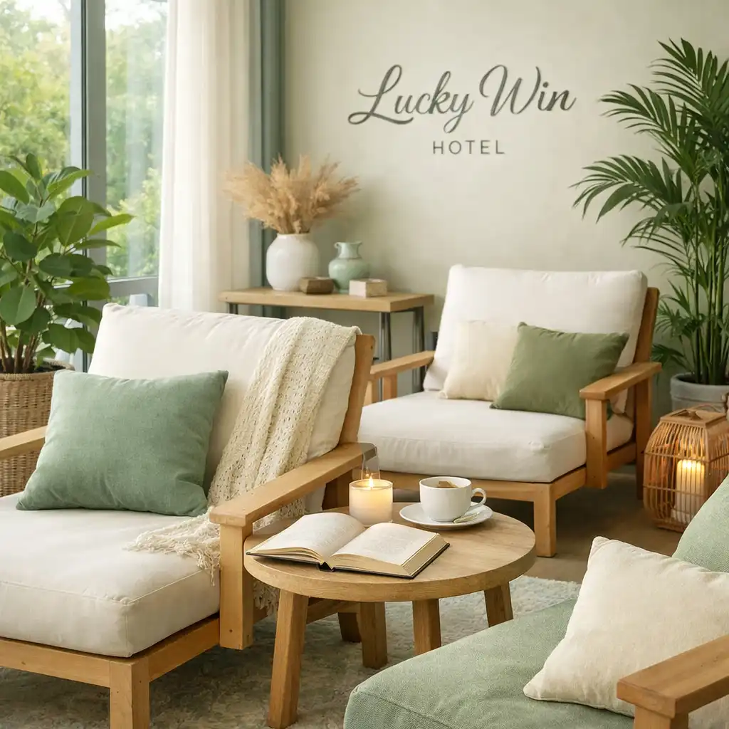 A serene relaxation area with comfortable lounge chairs, soft cushions, and potted plants