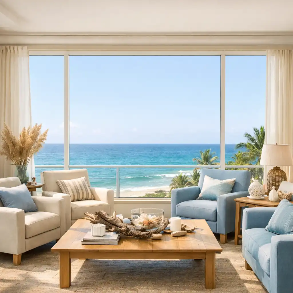 A bright hotel lounge with floor-to-ceiling windows overlooking the ocean, featuring comfortable armchairs and natural sunlight