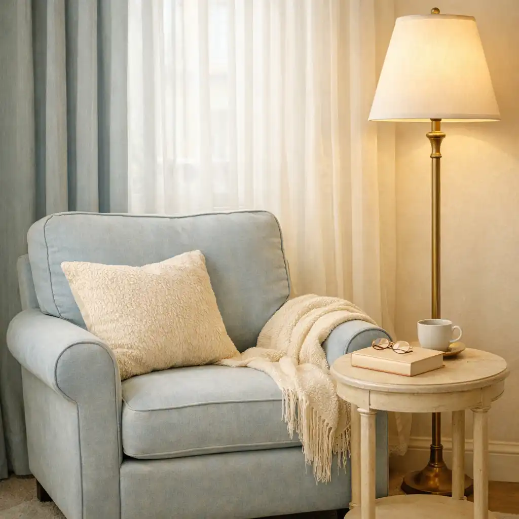 A cozy corner with a plush armchair, small side table with a book, and floor lamp near a window with sheer curtains