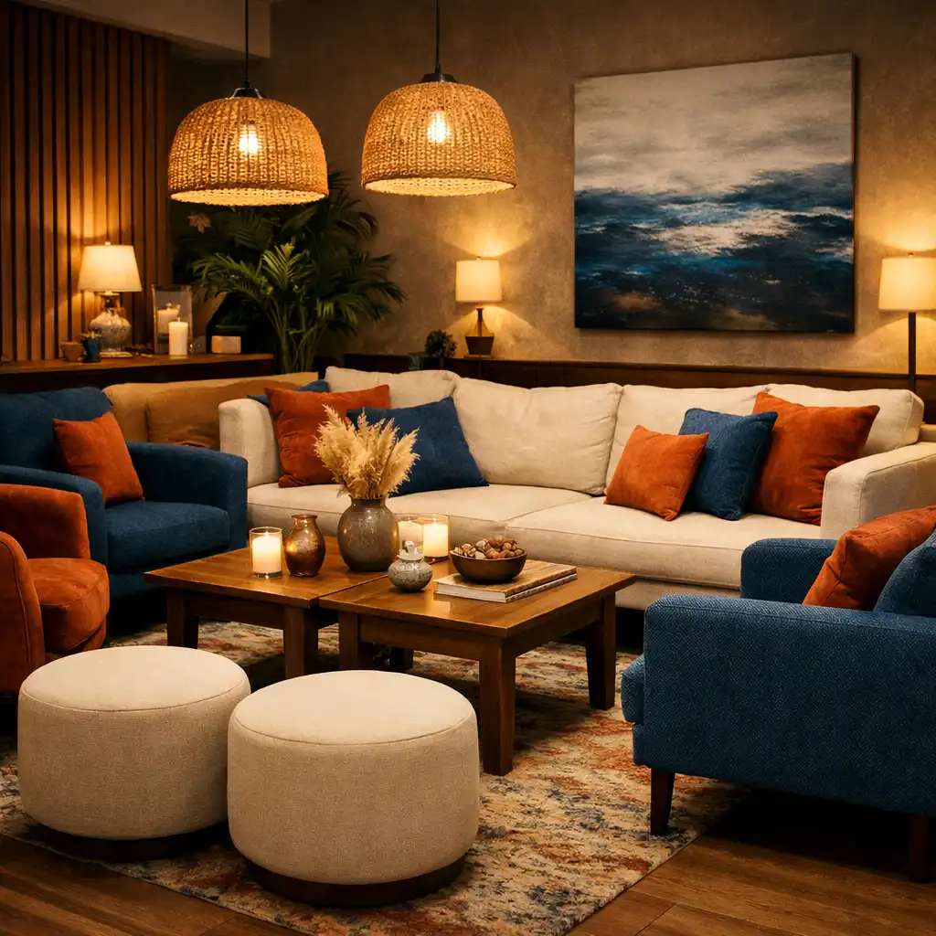 A stylish social lounge with comfortable sofas and armchairs arranged for conversation, warm pendant lighting, and ocean blue and burnt orange accents