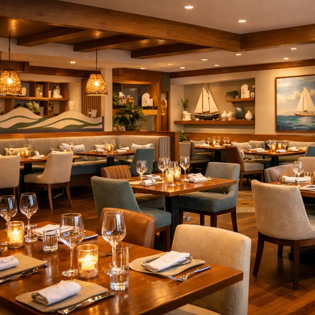 Warmly lit restaurant dining room with wooden tables and coastal decor