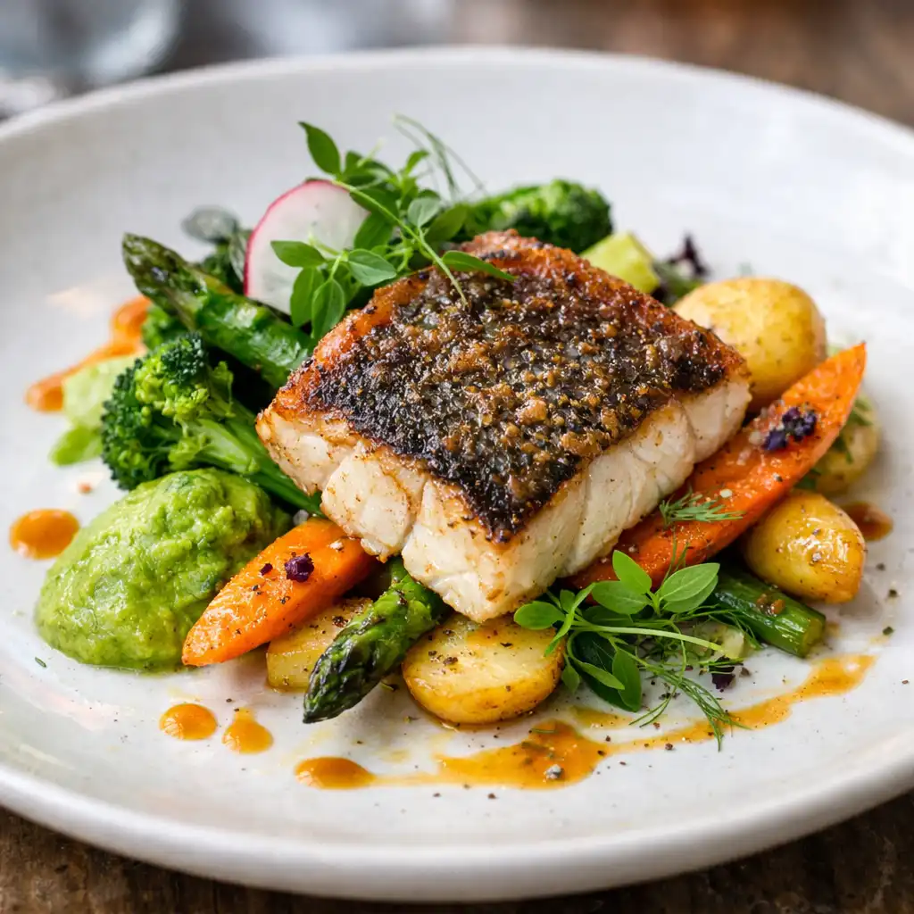 Plated modern Australian dish with grilled barramundi and seasonal vegetables
