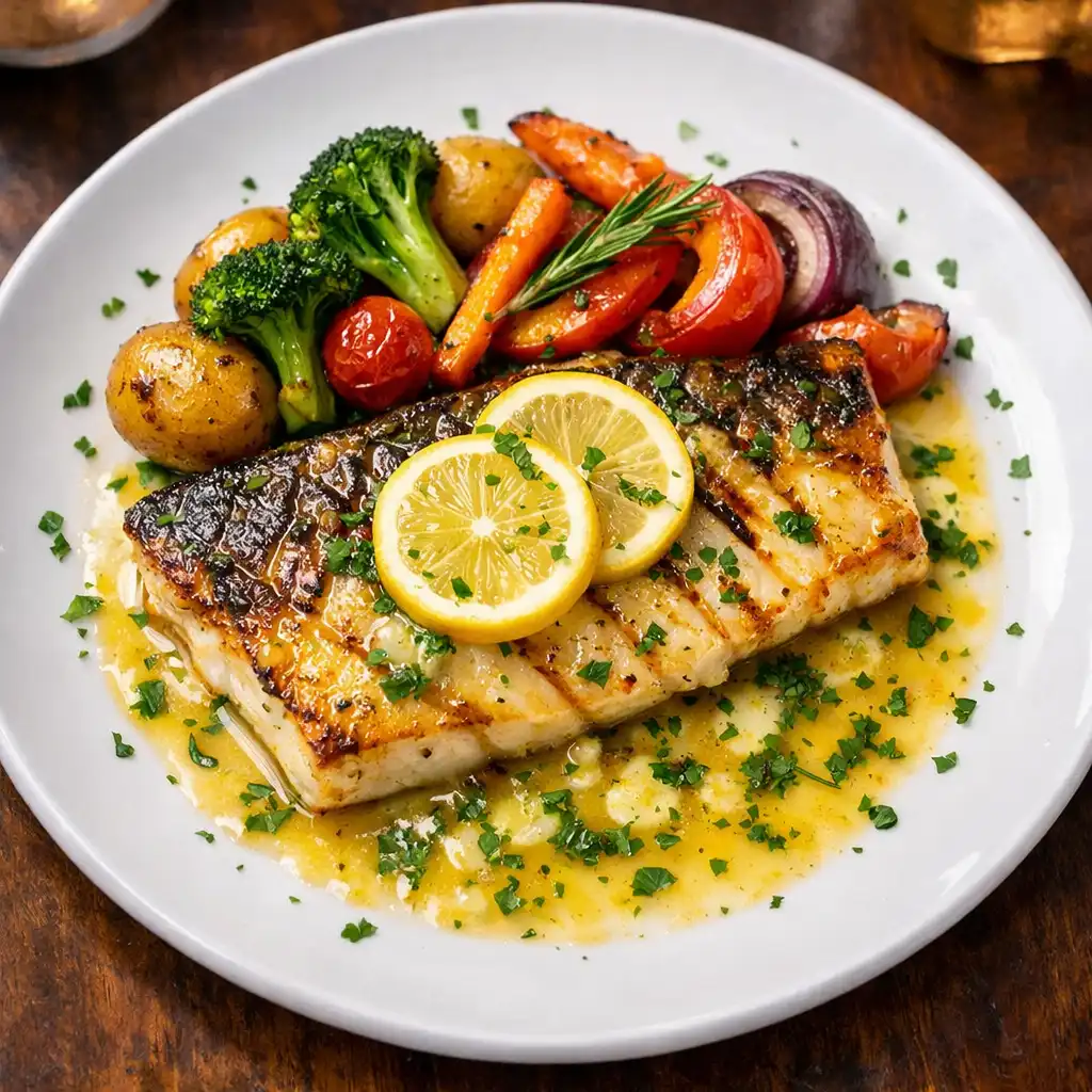 Grilled barramundi with lemon butter and roasted vegetables on a white plate