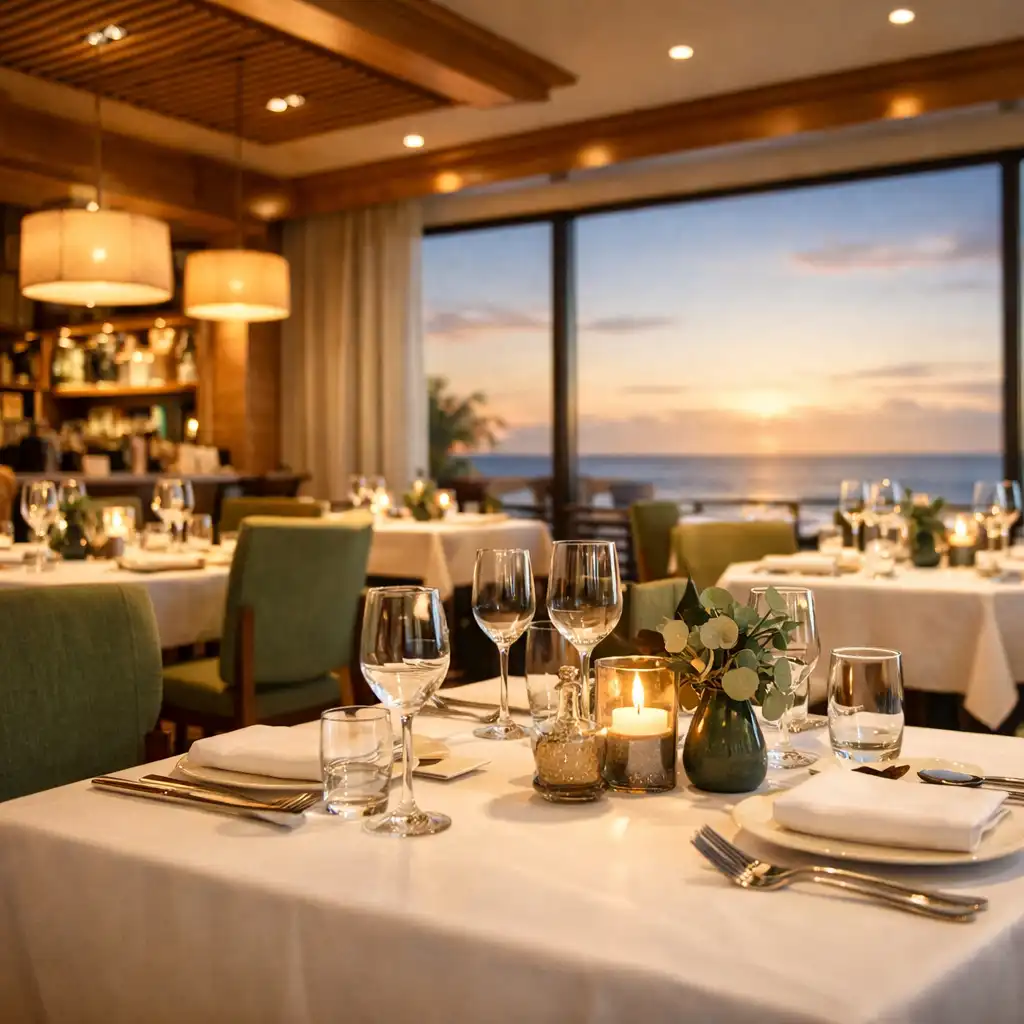 Elegant restaurant interior with white tablecloths, modern chairs, and ocean views