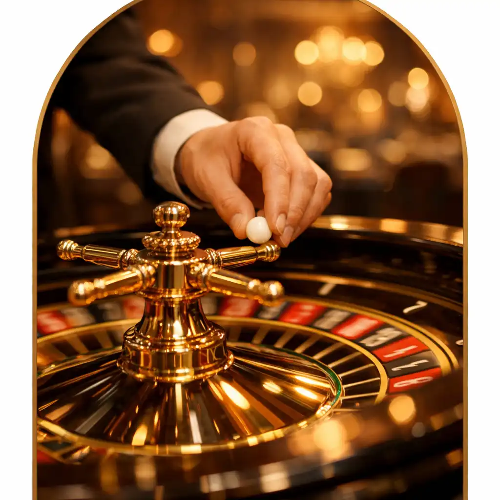 Close-up of a roulette wheel spinning with a dealer's hand placing the ball