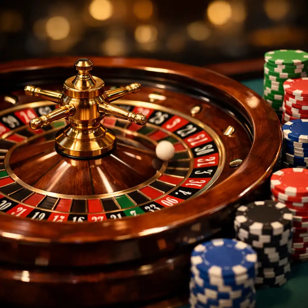 Close-up of a spinning roulette wheel with colorful chips