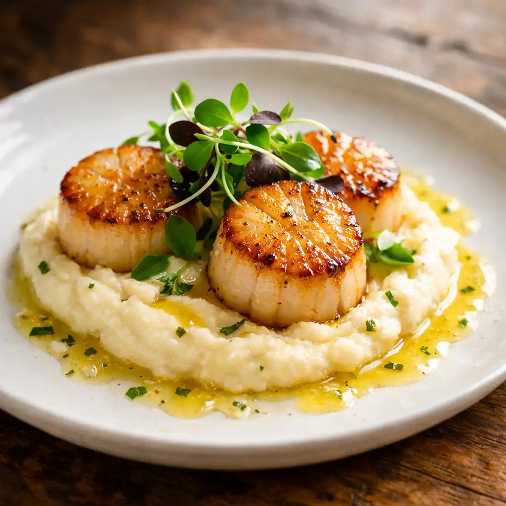 Seared scallops on cauliflower purée with lemon butter and microgreens