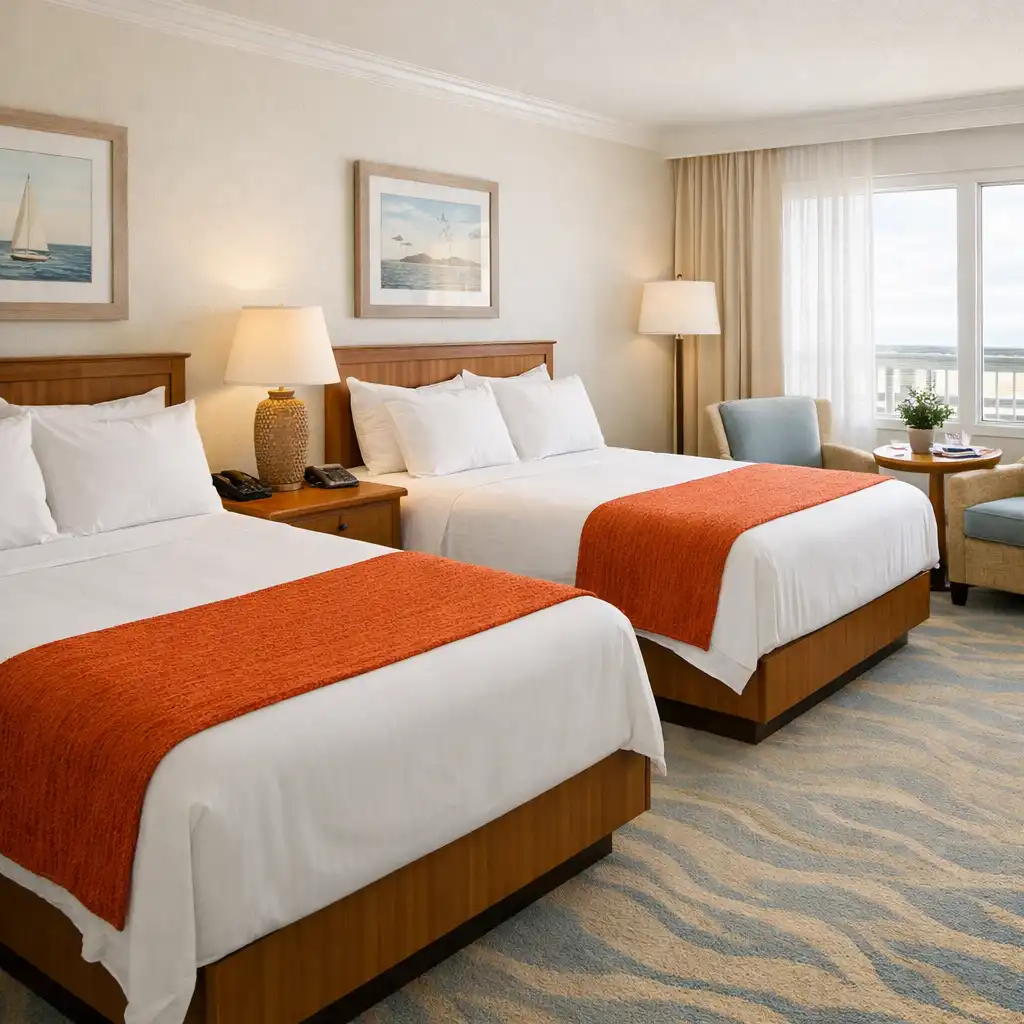 Twin Queen Room with two queen-sized beds, a seating area, and bright coastal decor